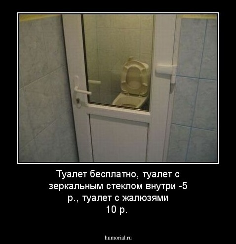 Туалет бесплатно, туалет с зеркальным стеклом внутри -5 р., туалет с жалюзями 10 р.