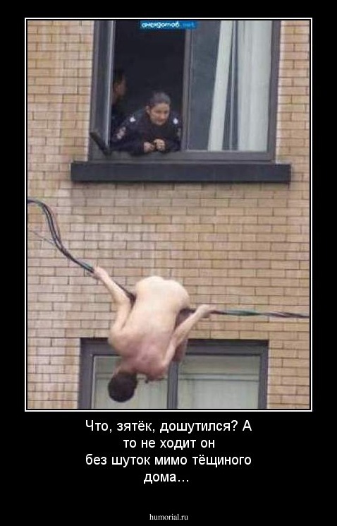 Что, зятёк, дошутился? А то не ходит он без шуток мимо тёщиного дома...