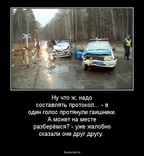 Ну что ж, надо составлять протокол... - в один голос протянули гаишники.  А может на месте разберёмся? - уже жалобно сказали они друг другу.