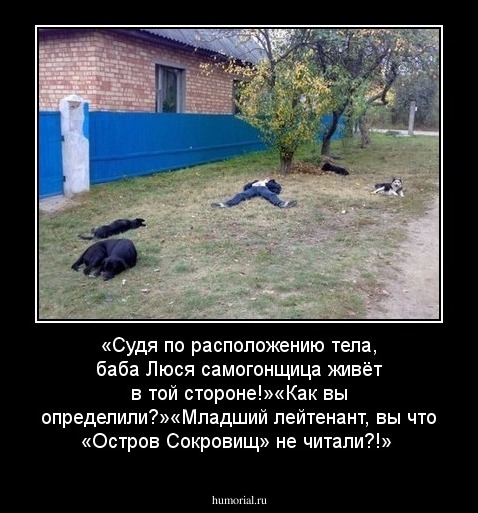 «Судя по расположению тела, баба Люся самогонщица живёт в той стороне!»«Как вы определили?»«Младший лейтенант, вы что «Остров Сокровищ» не читали?!» 