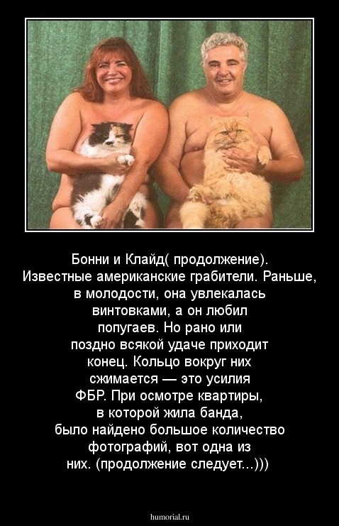 Бонни и Клайд( продолжение). Известные американские грабители. Раньше, в молодости, она увлекалась винтовками, а он любил попугаев. Но рано или поздно всякой удаче приходит конец. Кольцо вокруг них сжимается — это усилия ФБР.
При осмотре квартиры, в кото