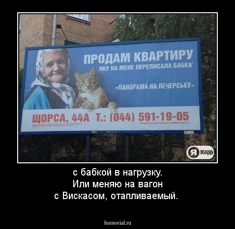 с бабкой в нагрузку. Или меняю на  вагон с Вискасом, отапливаемый.