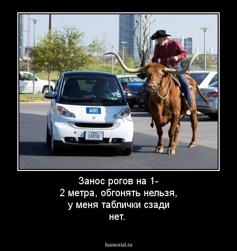 Занос рогов на 1- 2 метра, обгонять нельзя, у меня таблички сзади нет.