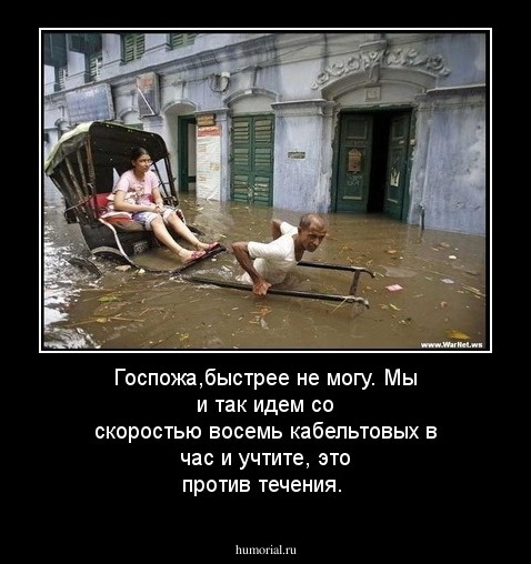Госпожа,быстрее не могу. Мы и так идем со скоростью восемь кабельтовых в час и учтите, это против течения.