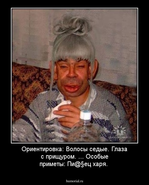Ориентировка:
Волосы седые. Глаза с прищуром.
 ...
Особые приметы:
Пи@§ец харя.