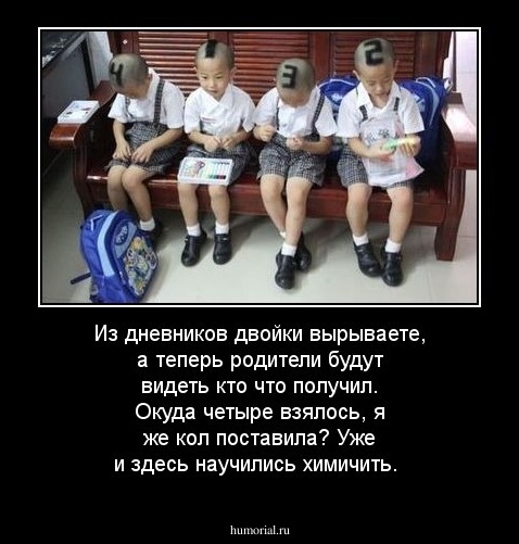 Из дневников двойки вырываете, а теперь родители будут видеть кто что получил. Окуда четыре взялось, я же кол поставила? Уже и здесь научились химичить. 