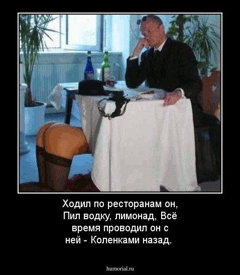 Ходил по ресторанам он, 
Пил водку, лимонад, 
Всё время проводил он с ней - 
Коленками назад.