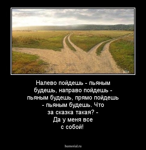 Налево пойдешь - пьяным будешь, направо пойдешь - пьяным будешь, прямо пойдешь - пьяным будешь. Что за сказка такая?
- Да у меня все с собой!
