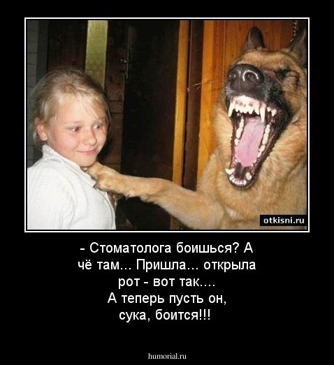 - Стоматолога боишься? А чё там... Пришла... открыла рот - вот так.... А теперь пусть он, сука, боится!!!