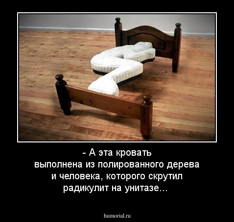 - А эта кровать выполнена из полированного дерева и человека, которого скрутил радикулит на унитазе...