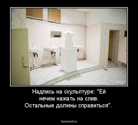 Надпись на скульптуре: "Ей нечем нажать на слив. Остальные должны справиться". 