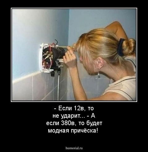 - Если 12в, то не ударит...
- А если 380в, то будет модная причёска!