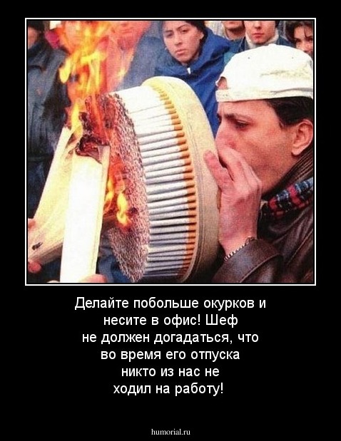 Делайте побольше окурков и несите в офис! Шеф не должен догадаться, что во время его отпуска никто из нас не ходил на работу!