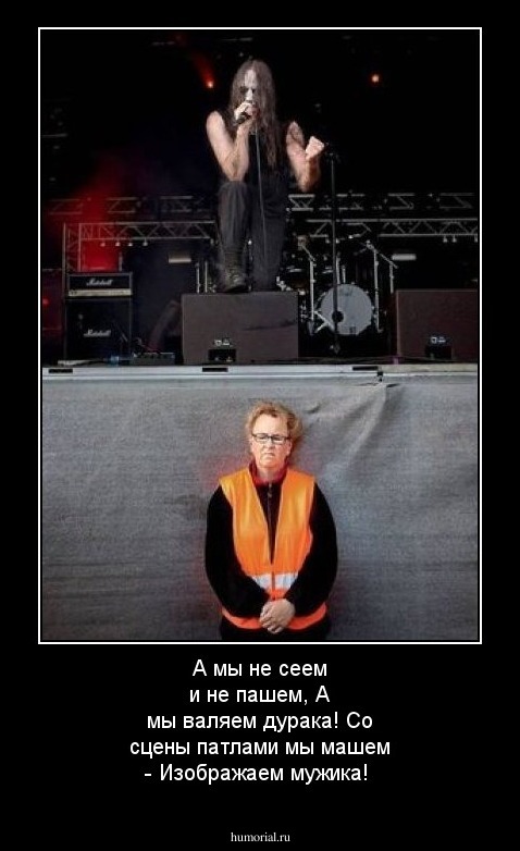 А мы не сеем и не пашем,
А мы валяем дурака!
Со сцены патлами мы машем - 
Изображаем мужика!