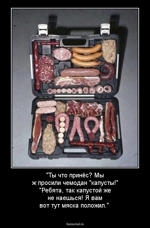 "Ты что принёс? Мы ж просили чемодан "капусты!" "Ребята, так капустой же не наешься! Я  вам вот тут мяска положил."