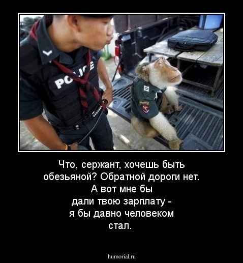 Что, сержант, хочешь быть обезьяной? Обратной дороги нет. А вот мне бы дали твою зарплату - я бы давно человеком стал.