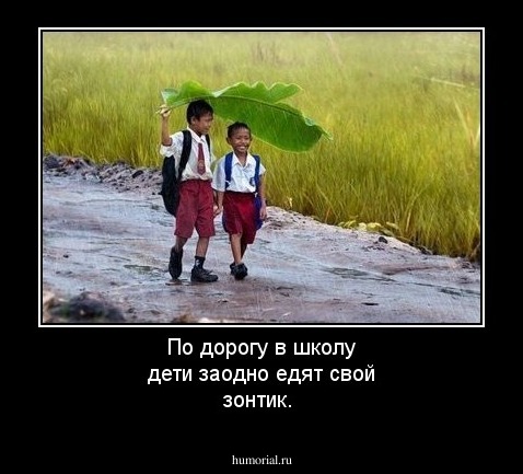 По дорогу в школу дети заодно едят свой зонтик.