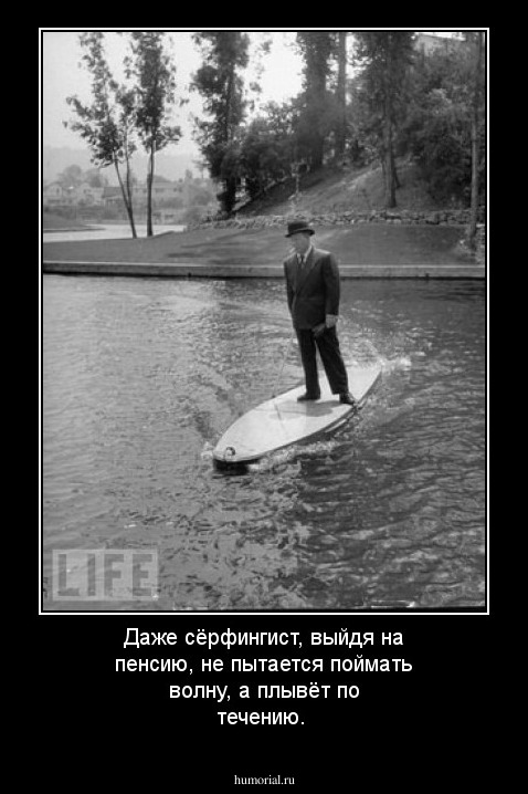 Даже сёрфингист, выйдя на пенсию, не пытается поймать волну, а плывёт по течению. 