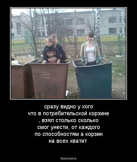 сразу видно у кого что в потребительской корзине , взял столько сколько смог унести, от каждого по способностям а корзин на всех хватит