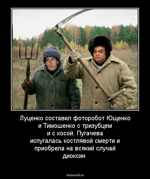 Луценко составил фоторобот Ющенко и Тимошенко с тризубцем и с косой.  Пугачева испугалась костлявой смерти и приобрела на всякий случай диоксин