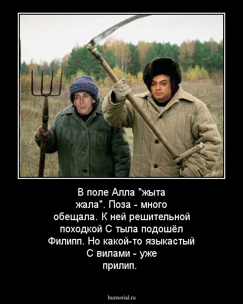 В поле Алла "жыта жала". Поза - много обещала. К ней решительной походкой С тыла подошёл Филипп. Но какой-то языкастый С вилами - уже прилип.