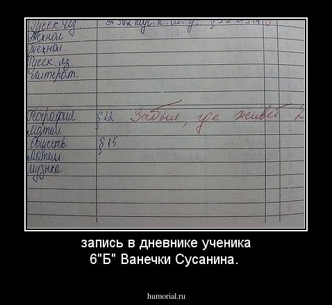 запись в дневнике ученика 6"Б" Ванечки Сусанина.