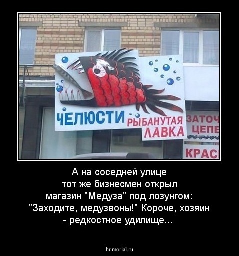 А на соседней улице тот же бизнесмен открыл магазин "Медуза" под лозунгом: "Заходите, медузвоны!" Короче, хозяин - редкостное удилище...