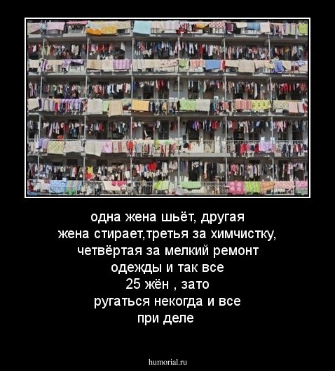 одна жена шьёт, другая жена стирает,третья за химчистку, четвёртая за мелкий ремонт одежды и так все 25 жён , зато ругаться некогда и все при деле
