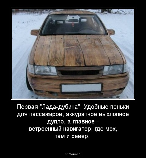 Первая "Лада-дубина". Удобные пеньки для пассажиров, аккуратное выхлопное дупло, а главное - встроенный навигатор: где мох, там и север.
