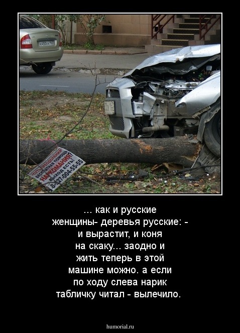 ... как и русские женщины-  деревья русские: -  и  вырастит, и коня на скаку... заодно и жить теперь в этой машине можно. а если по ходу слева нарик табличку читал - вылечило.