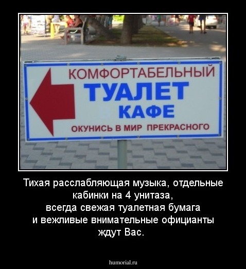 Тихая расслабляющая музыка, отдельные кабинки на 4 унитаза, всегда свежая туалетная бумага и вежливые внимательные официанты ждут Вас.