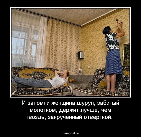 И запомни женщина:шуруп, забитый молотком, держит лучше, чем гвоздь, закрученный отверткой.