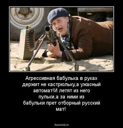 Агрессивная бабулька в руках держит не кастрюльку,а ужасный автомат!И летят из него пульки,а за ними из бабульки прет отборный русский мат!