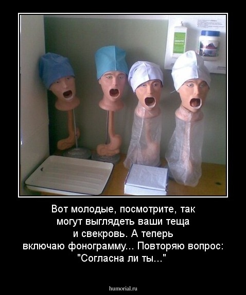 Вот молодые, посмотрите, так могут выглядеть ваши теща и свекровь. А теперь включаю фонограмму... Повторяю вопрос: "Согласна ли ты..."