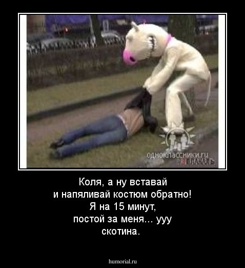 Коля, а ну вставай и напяливай костюм обратно! Я на 15 минут, постой за меня... ууу скотина.