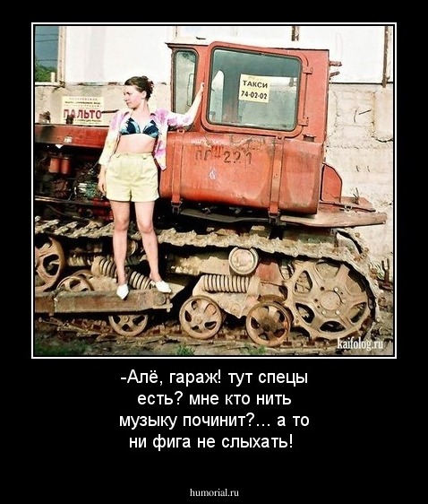 -Алё, гараж! тут спецы есть? мне кто нить музыку починит?... а то ни фига не слыхать!