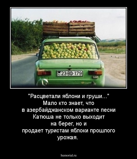 "Расцветали яблони и груши..." Мало кто знает, что в азербайджанском варианте песни Катюша не только выходит на берег, но и продает туристам яблоки прошлого урожая. 