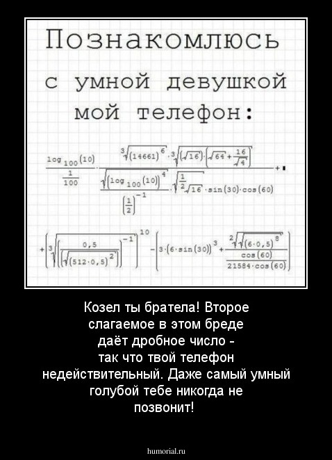 Козел ты братела! Второе слагаемое в этом бреде даёт дробное число -  так что твой телефон недействительный. Даже самый умный голубой тебе никогда не позвонит!