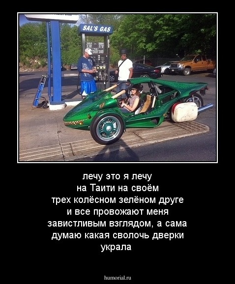 лечу это я лечу на Таити на своём трех колёсном  зелёном  друге и все провожают меня завистливым взглядом, а сама думаю какая сволочь дверки украла