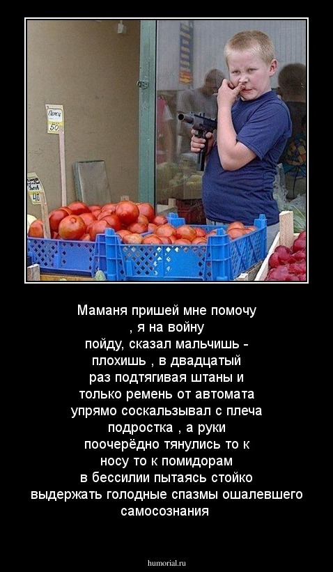 Маманя пришей мне помочу , я на войну пойду, сказал мальчишь - плохишь , в двадцатый раз подтягивая штаны и только ремень от автомата упрямо соскальзывал с  плеча подростка , а руки поочерёдно тянулись то к носу то к помидорам в бессилии пытаясь стойко вы