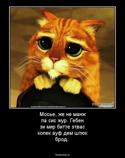 Мосье, же не манж па сис жур. Гебен зи мир битте этвас копек ауф дем штюк брод. 