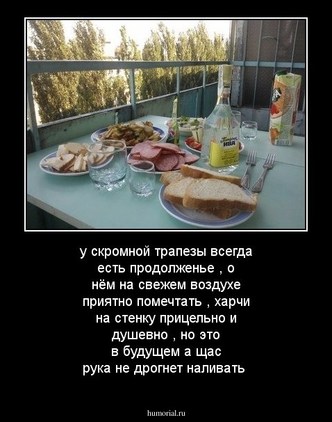 у скромной трапезы всегда есть продолженье , о нём на свежем воздухе приятно помечтать , харчи на стенку прицельно и душевно , но это в будущем а щас рука не дрогнет наливать