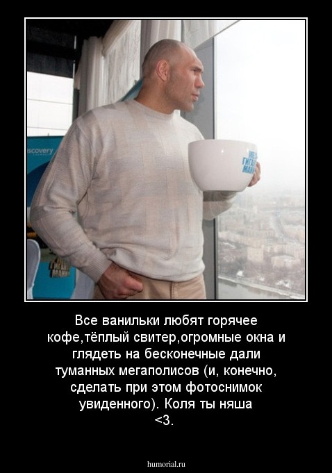 Все ванильки любят горячее кофе,тёплый свитер,огромные окна и глядеть на бесконечные дали туманных мегаполисов (и, конечно, сделать при этом фотоснимок увиденного). Коля ты няша <3.