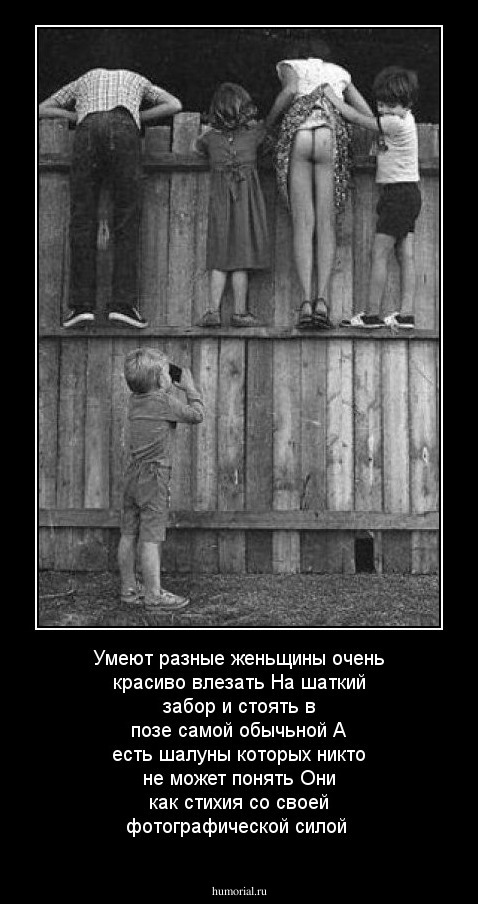 Умеют разные женьщины очень красиво влезать
На шаткий забор и стоять в позе самой обычьной 
А есть  шалуны которых  никто не может понять
Они как стихия со своей фотографической силой
