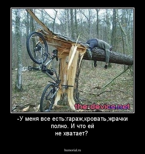  -У меня все есть:гараж,кровать,жрачки полно. И что ей не хватает? 