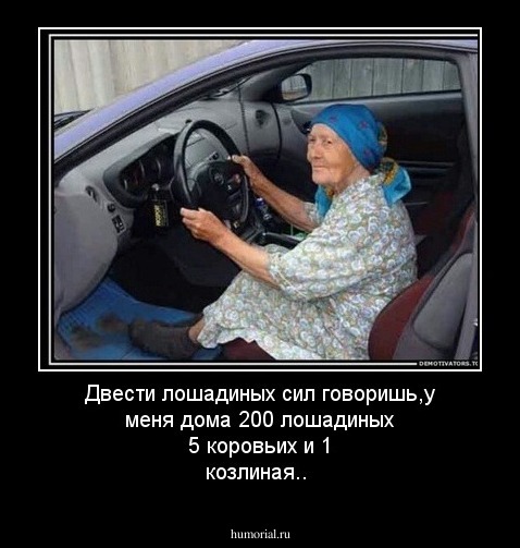 Двести лошадиных сил говоришь,у меня дома 200 лошадиных 5 коровьих и 1 козлиная..