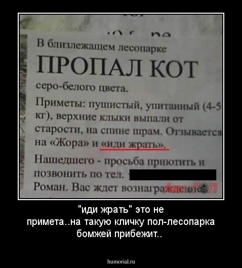 "иди жрать" это не примета..на такую кличку пол-лесопарка бомжей прибежит..