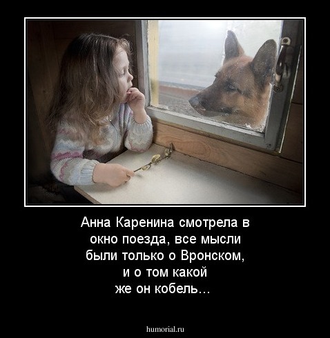Анна Каренина смотрела в окно поезда, все мысли были только о Вронском, и о том какой же он кобель...