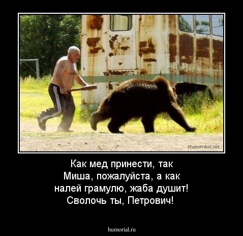 Как мед принести, так Миша, пожалуйста, а как налей грамулю, жаба душит! Сволочь ты, Петрович!