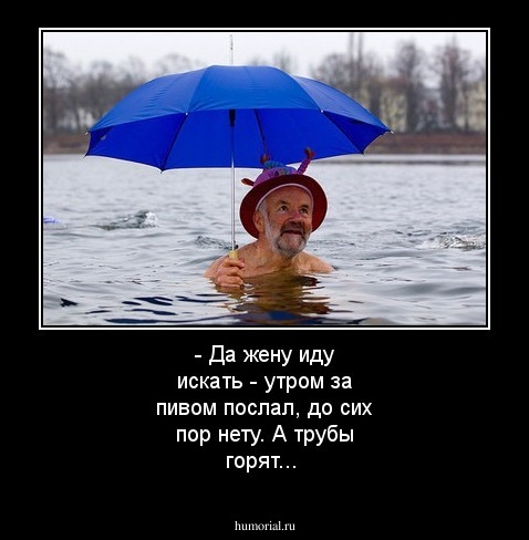 - Да жену иду искать - утром за пивом послал, до сих пор нету. А трубы горят...